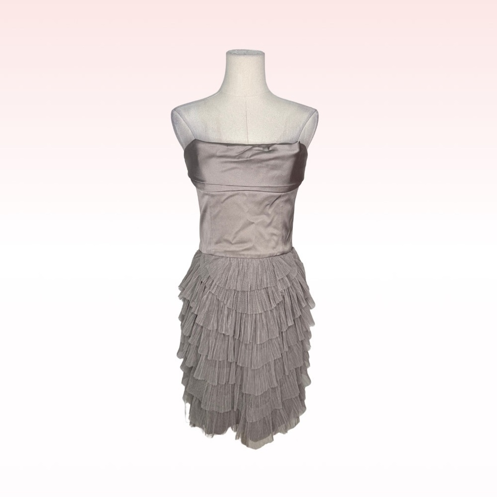BCBGMAXAZRIA Hazelnut Tiered Staples Satin Mini Dress (Sz 6)